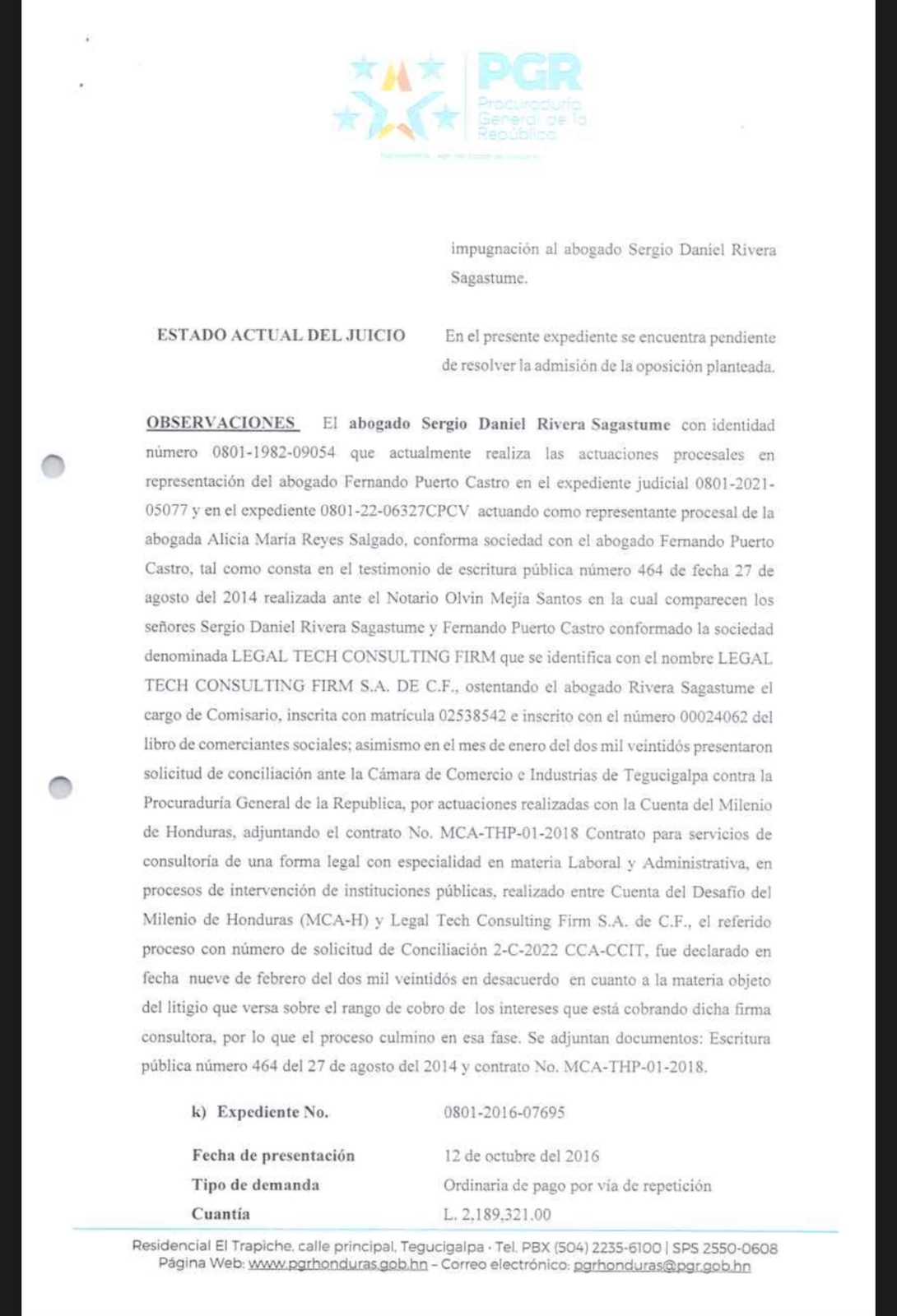 Informe remitido por parte de la PGR